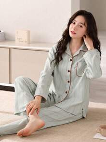 AICJ 2pcs/Set Women Casual Striped Long Sleeve Top And Pants Pajama Set, Comfortable Cotton, Suitable For Spring, Summer, Autumn, Valentine's Day, New Year Gift, Fall Winter Clothes