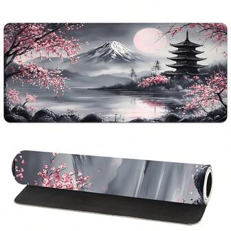 1 件装深色艺术风景鼠标垫，抽象大号鼠标垫，中国山水和粉色樱花纹理，防滑橡胶底座，大尺寸鼠标垫，缝边键盘鼠标垫，桌面垫，适用于办公室和家庭