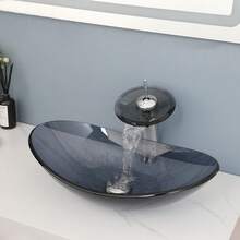 Bathroom Vessel Sink Oval Glass Vessel Sink With Waterfall Faucet Tap Tempered Glass Bathroom Sinks Above Counter Basin - Grey - View 1
