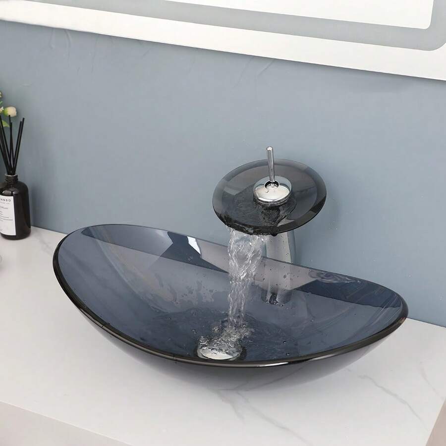 Bathroom Vessel Sink Oval Glass Vessel Sink With Waterfall Faucet Tap Tempered Glass Bathroom Sinks Above Counter Basin - Grey - View 1