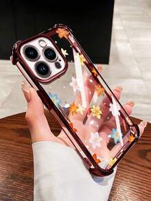 Custodia per iPhone 14 15 16 Pro Max 14 15 Plus 16 Plus 11 12 13 Pro Max, morbida custodia inferiore in silicone trasparente con custodia protettiva in TPU a schermo intero con fiore arancione e lente all-inclusive