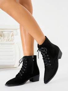 Bottes de mode pour femmes automne/hiver, nouvelles bottes de cheville vintage avec boucle en métal, bottes en daim synthétique à bout pointu et talon épais, bottes de navettage polyvalentes rétro avec fermeture éclair latérale, bottes de cheville bordeaux - Noir - Voir 2