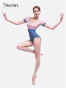 DonsGirl 一件式甜美可爱女式芭蕾舞紧身衣，复古法式花袖撞色连体衣，舞蹈表演服装 - 藍色 - 查看 9