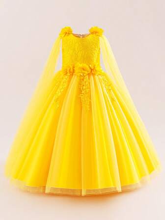 High-End Children's Long Evening Dress, Girls' Fashionable Yellow Lace Contrast Mesh Skirt, European And American Style For Hosting, Runway, Piano Recital, Party, Flower Girl Wedding, Festival Occasion, Luxurious Bright Fluffy Princess Birthday Dress With 3D Floral Decor