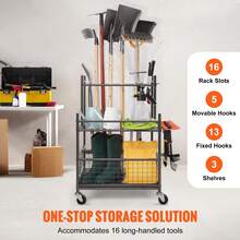 Garden Tool Organizer, 16 Slots With Hooks, Yard Tool Tower Rack With Wheels For Garage Organization And Storage, Hold Long-Handled Tool/Rake/Broom, Metal Tool Stand Holder For Shed, Outdoor - Black - View 2