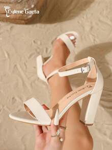 Sandalias De Tacón Mujer Correa Tobillo Calzado Chunky Dama - Blanco - Ver 6