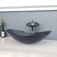 Bathroom Vessel Sink Oval Glass Vessel Sink With Waterfall Faucet Tap Tempered Glass Bathroom Sinks Above Counter Basin - Grey - View 5