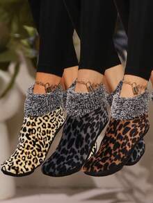 3 Pairs Women's Winter Leopard Print Thermal Lined Slipper Leg Warmers, Warm Soft Knitted Blend Cozy Indoor Grip Leg Warmers