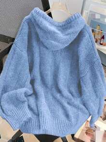 Solid Color Casual Minimalist Drawstring Hooded Pullover Sweater - Blue - View 3