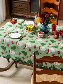 1pc Christmas Jacquard Tablecloth, Christmas Tree Pattern With Pom Pom Trim, Adorable Christmas Style Polyester Tablecloth, Suitable For Living Room, Dining Room, Party, Home Decor, Room Decor, Tabletop Decor And Holiday Gift, Multiple Sizes Available, Suitable For All Seasons - Green - View 11