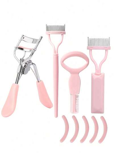 مجموعة من 9 قطع ملقط رموش محمول بمقبض منحني من الفولاذ المقاوم للصدأ لتجعيد الرموش، حماية الرموش، تجعيد الرموش لجعل العيون أكبر، مناسب للنساء (وردي)