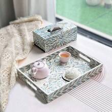 1 pieza/2 piezas Bandeja rectangular con incrustaciones de conchas con forma de hoja azul, plato decorativo de conchas de colores hecho a mano para frutas, joyería, almacenamiento de escritorio en el hogar, decoración de fiestas de Navidad y Halloween, regalo - Celeste - Ver 5