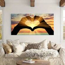 1pc Frameless Canvas Wall Art - Heart Gesture Silhouette With Sunset Seascape, Vibrant Love Theme Decor, Suitable For Living Room, Bedroom, Office Or Cafe, Perfect Gift Idea, Home Decor, Office Art - Multicolor - View 2