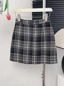 YooLy Autumn And Winter Plaid Woolen Skirt, Asymmetrical A-Line Short Skirt With Decorative Buttons. - Dark Grey - View 3