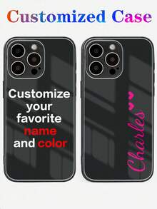 1pc Customized Mirror Transparent Solid Color Cute Heart Shape Text Personalized Phone Case, Compatible With IPhone 11 12 13 14 15 16 Pro Max - Black - View 2