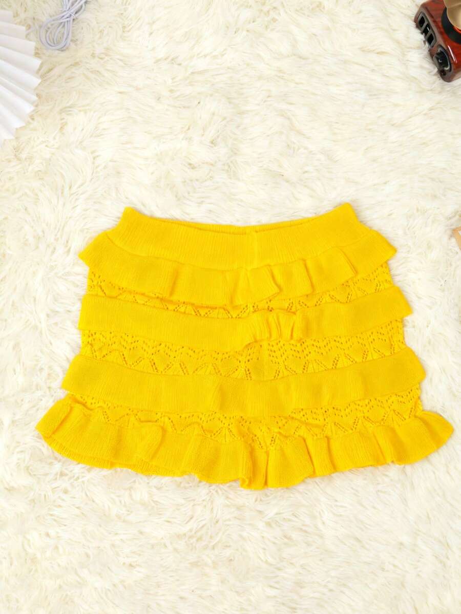 Damen einfarbige süße Y2K Sommer Shorts mit elastischem Bund, Ballettcore, süß, Kawaii, weiße Rüschen Saum, körperbetonter gestrickter Minirock, Sommer Shorts, Strandurlaub - Cremegelb - Übersicht 1