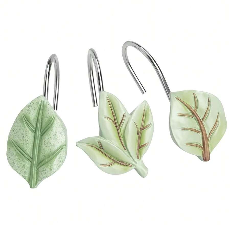 12PCS Leaves Shower Curtain Hooks, Green Plant Leaf Decorative Shower Curtain Hooks Metal Rustproof Cute Eucalyptus Shower Curtain Rings Bathroom Decoration Accessories{Inchcolor_nameinch:InchSagegreeninch} - 鼠尾草綠 - 查看 1