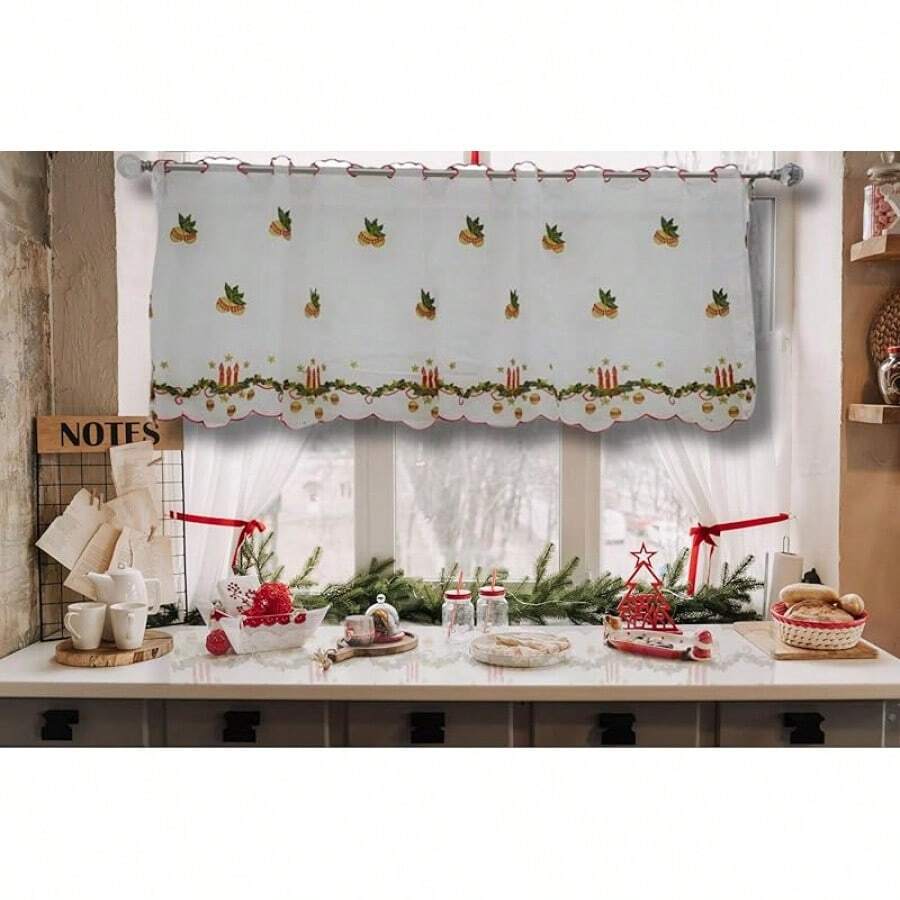 Cortina Navideña - 1 Lienzo de 2.00m de Ancho x 0.70m de Alto - Bordado Festivo para Tubo de ½ Pulgada - Decoración y Práctica para Cocina (Velas) - velas - Ver 1
