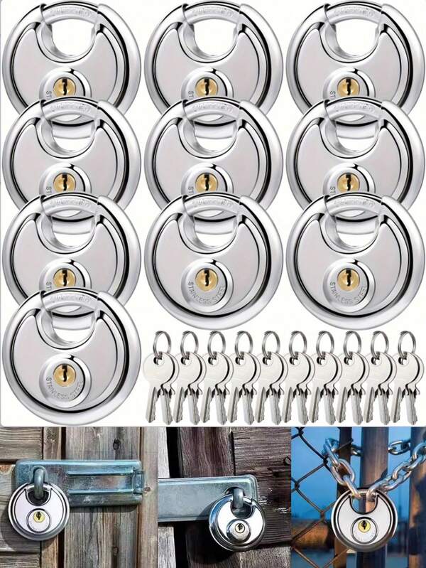 Stainless Steel Disc Padlock 60/70/80/90mm Copper Cylinder/Zinc Cylinder Padlock Stainless Steel Disc Padlock - Smash-Resistant, Pick-Resistant, Waterproof With 2 Keys, Suitable For Garages, Fences, Sheds, Storage Rooms, Outdoor Use