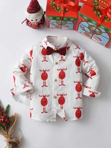 BOARNSEORL Baby Boys Gentleman Outfit, Christmas Deer Pattern Shirt With Bowknot And Red Suspender Pants, Fashionable For Birthday Party, Wedding, Christmas - Red - View 2