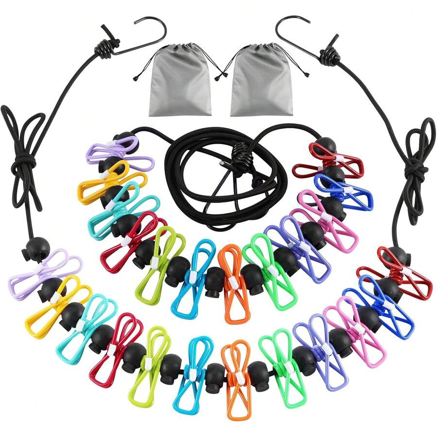 2 Pack Camping Clothesline Portable 12 Clothespins, Camping Accessories Travel Clothesline For Outdoor Indoor, Retractable Clothes Line Elastic Clothesline For Camper Hotel Room - Multicolor - View 1