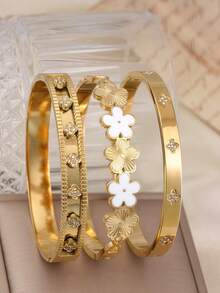3pcs/Set Fashionable Clover Stainless Steel Bracelet For Women, Suitable For Wedding, Anniversary, Party Gift, Stacking - Yellow Gold - View 2