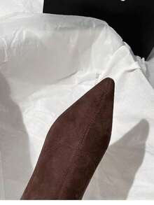 Brown One-Piece Ankle Boots With A Plain Temperament Short Boots For Women With High Heels 2025 Autumn And Winter New Versatile French Thin Heels Elastic Velvet Pointed Narrow Boots Metal Zipper At The Back - Brown - View 10