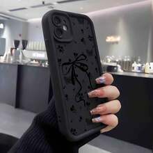 1 pieza Funda de teléfono suave con diseño de flor y lazo negro creativo y lindo, con marco de lente negro mate y diseño escalonado de cobertura completa anti-caída, compatible con Samsung/Galaxy/OPPO/VIVO/Honor/Realme - Negro - Ver 5