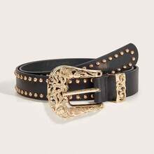 1pc Gold Rivet Sexy Y2K PU Leather Belt, Hollow Out Waist Belt With Western Cowboy Buckle, Suitable For Daily Wear - Golden Rivets - View 2