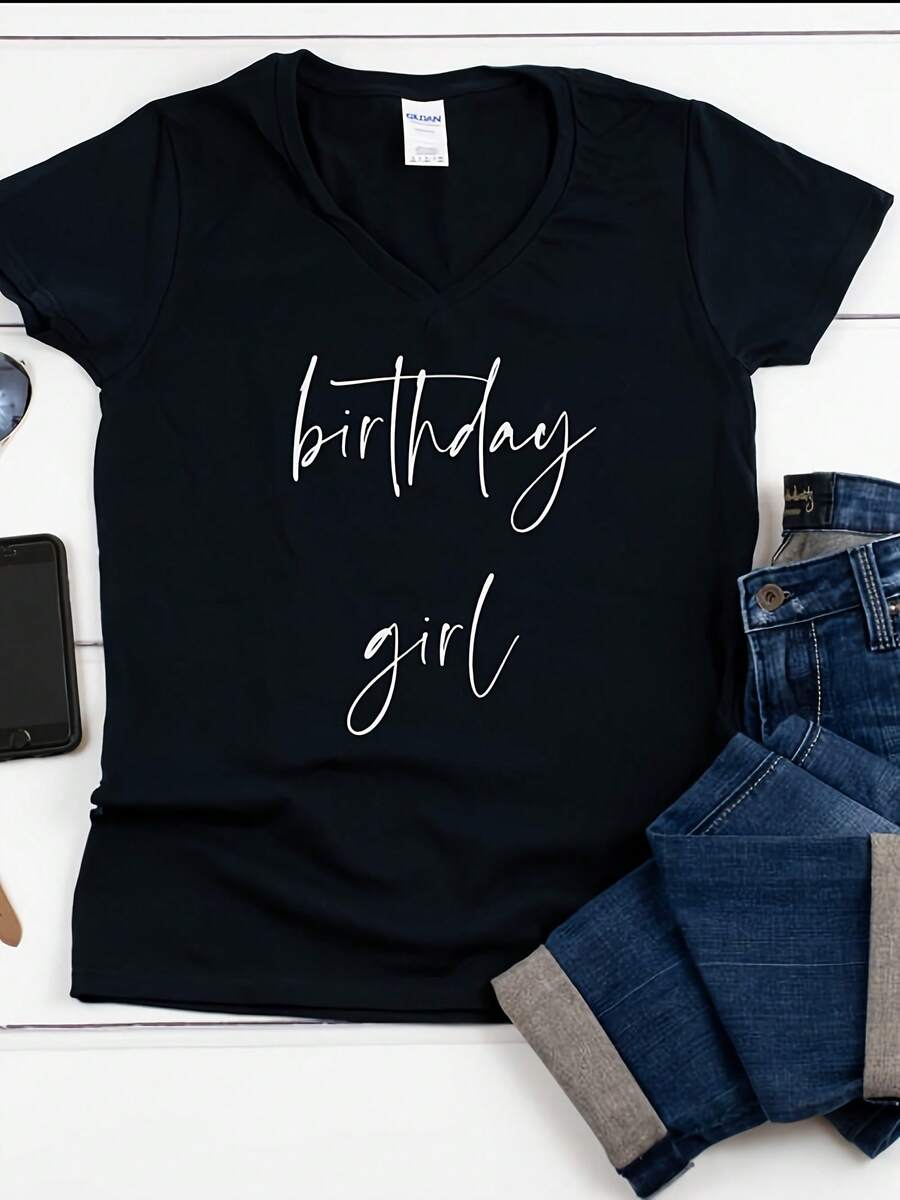 Birthday Girl V-Neck Shirt Black Cotton Tee, Wo's Party Outfit - 款式28 - 查看 1