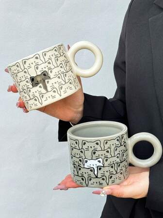 1pc Cute Gray Kitten Ceramic Coffee Mug, Adorable Cartoon Children's Cup, Water Mug, Hot Cocoa Cup, Suitable As Back To School Gift, Souvenir, Couple Matching Cups, Meeting Gift, Christmas Gift