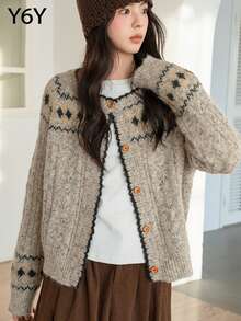 [Y6Y] 女士提花针织开衫毛衣，圆领长袖，麻花条纹，几何图案外套，日常穿着舒适 - 灰色 - 查看 4
