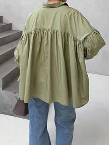 Camisa casual feminina com botões decorativos e mangas sino, blusa de poliéster de cor sólida - Verde - Ver 3
