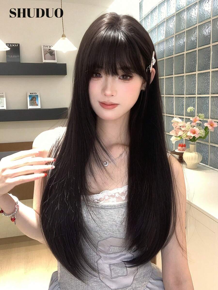 SHUDUO 1 Black Brown Synthetic Heat Resistant Straight Wig Piece, Made Of Fibers For Added Volume, Natural And Realistic Wig (No Accessories Included)