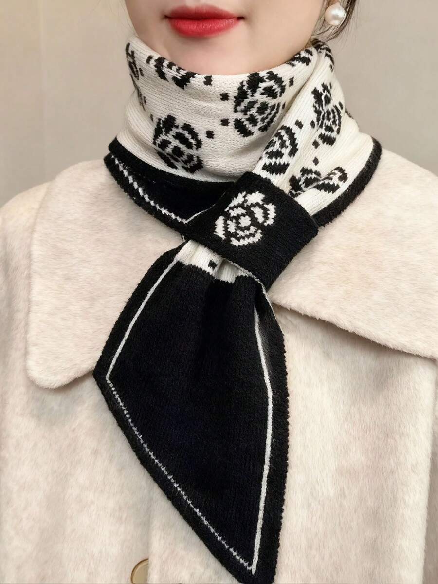 1 pieza Cuello de punto vintage con botón, bufanda versátil de apertura para mujer, protección contra el frío para vestir - Negro - Ver 1