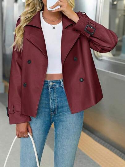 Long Sleeve Tops Women- Button Down Moto Jacket Textured Faux Leather Oversized Fall Outerwear, Fall Clothes For Women