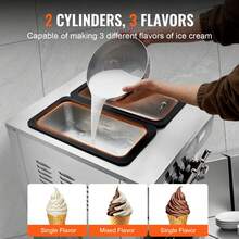 Máquina de helados comercial , rendimiento de 34-44 l/h, máquina de helado suave independiente de 3300 W con 3 sabores, tolva de acero inoxidable de 2 x 9 l, panel LED que permite el uso de un solo cilindro y refrigeración nocturna. - 34-44 l/h - Ver 3