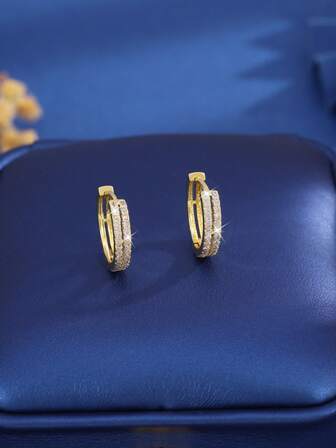 1 Pair Hoop Earrings, Fashionable & Elegant Gold Design With Micro-Inlaid Zirconia Copper, Suitable For Daily Wear And Gatherings