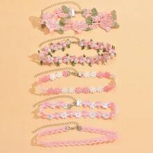 Stacked Pink Lace Trim Embroidered Choker Necklace Set Ins Design Sense Flower Collarbone Chain For Women Daily Wear, Date Out Style, Easily Enhance Girlish Look - YR4142-2 - Xem 2