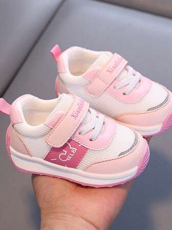 Spring/Autumn New Design Easy On/Off Sports Shoes, Fashion Classic Microfiber & Double Mesh TPR Soft Non-Slip Comfortable Toddler Protective Toe Casual Walking Shoes, Cute Princess Style Suitable For 0-4 Years Old Girls Indoor/Outdoor Wear, Pink