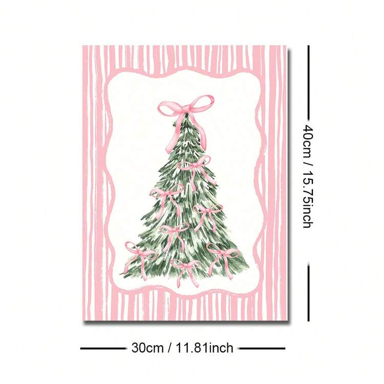 1幅粉色条纹蝴蝶结圣诞树帆布海报（带框/不带框），温馨冬季圣诞假日墙面艺术印刷品，简约少女风房间美学装饰，可爱画作，适用于公寓、客厅、卧室、现代家居装饰 - 彩色 - 查看 9