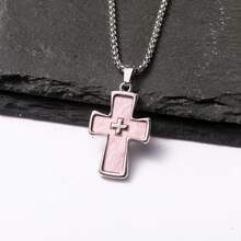 Double Cross Pendant Necklace For Men  Titanium Steel Niche Design Hip-Hop Style Sweater Chain Small Gift For Women - 多巴胺十字架-藍色/方形珍珠鍊70cm - 查看 6