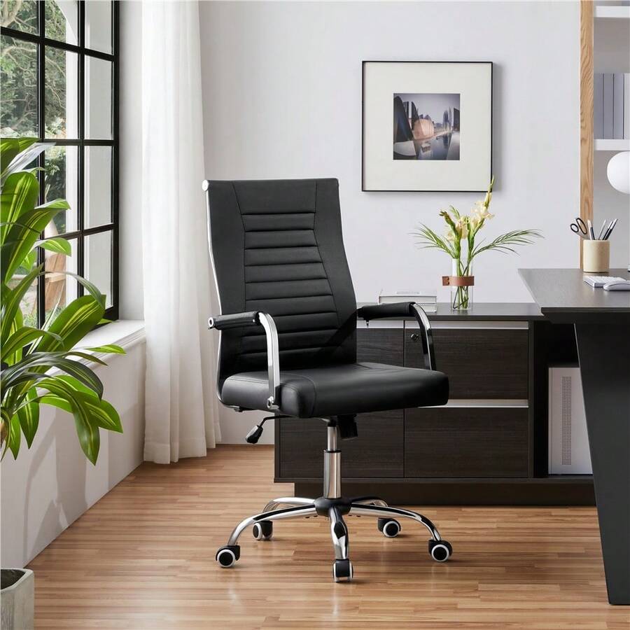 Butterslay 1PC Modern Faux Leather Office Chair With Swivel, Metal Shiny Base, And Covered Armrests, Black/White - Black - View 1