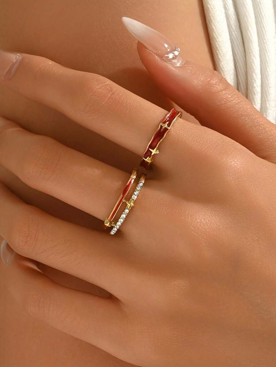 2pcs/Set Festive Red Star Glazed Rings, Unique Versatile Stylish Fashion Knuckle Rings, Vintage Open Rings For Women - Red - View 1