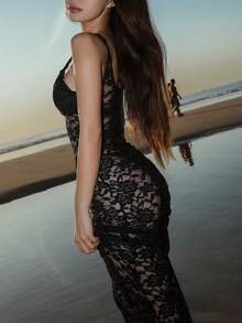 Women's Sleeveless Sheer Lace Maxi Dress, Bodycon Sexy Clubwear Party - Black - View 4