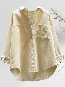 Women's Fashion Polyester Turndown Collar Long Sleeve Drop Shoulder Corduroy Casual Shirt, Asymmetric Hem With Button Detail