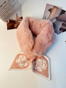1pc Women's Knitted Fuzzy Collar Scarf, Paired With Fish Tail Ribbon Splice Design, Suitable For Autumn/Winter Daily Warmth - Pink Flowers - View 1