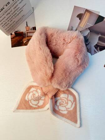 1件女士针织毛绒领围巾，搭配鱼尾丝带拼接设计，适合秋冬日常保暖