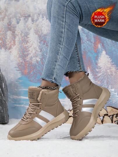 Women's Casual Sports Shoes Lace-Up Soft Sole Comfortable Shoes, Warm Velvet High-Top Sneakers