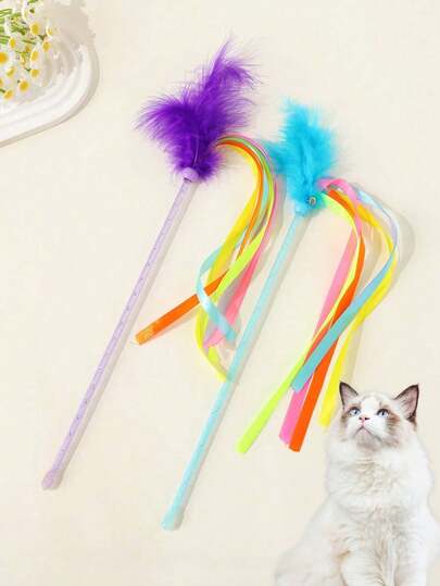 1pc Pet Cat Toy/Teaser Wand With Shiny Plastic Stick, Contrast Color Feathers, Bells, Colorful Ribbons, Designed For Self-Entertainment, Mood Training, Cat Toy Teaser Wand
